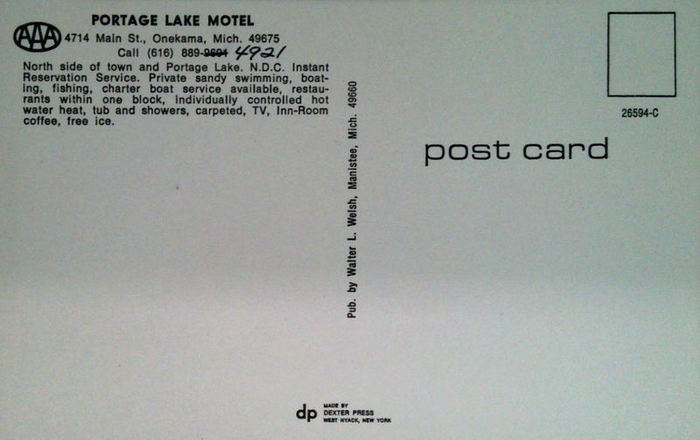 Portage Lake Motel (Wissners Motel, Sprengers Lakeview Motel) - Vintage Postcard